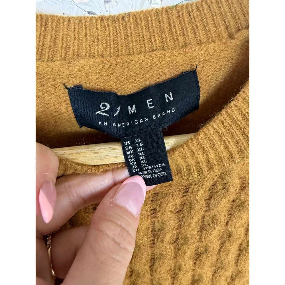 21 Men Mustard‎ Yellow Wool Blend Sweater Mens XL Fits M Cableknit Fisherman